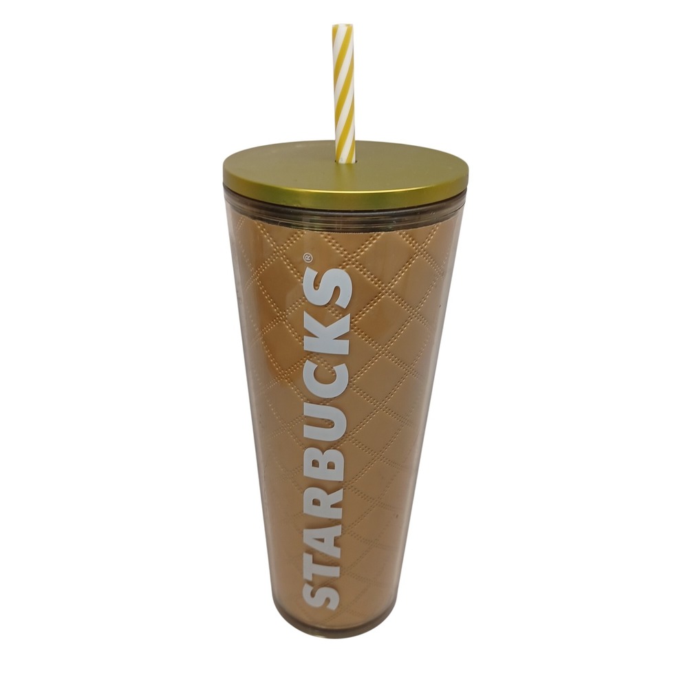 Starbucks 24oz Cold Cup Tumbler Gold Quilted Gold Lid Striped Straw 011159250